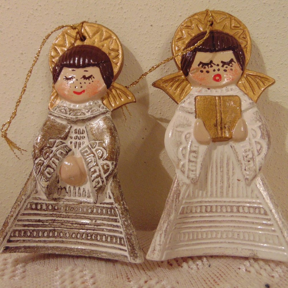 Vintage Hand Painted Ceramic Angels, Christmas Tree Ornaments, 3.63 inches tall